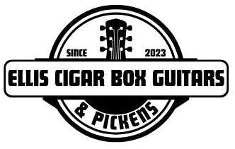 Logo of Ellis Cigar Box Guitars & Pickens with a guitar headstock illustration on a white background.