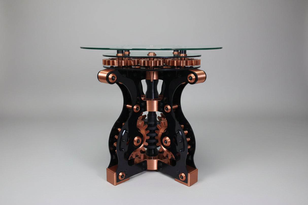 Mechanical wall bracket with gears on a green and wooden background