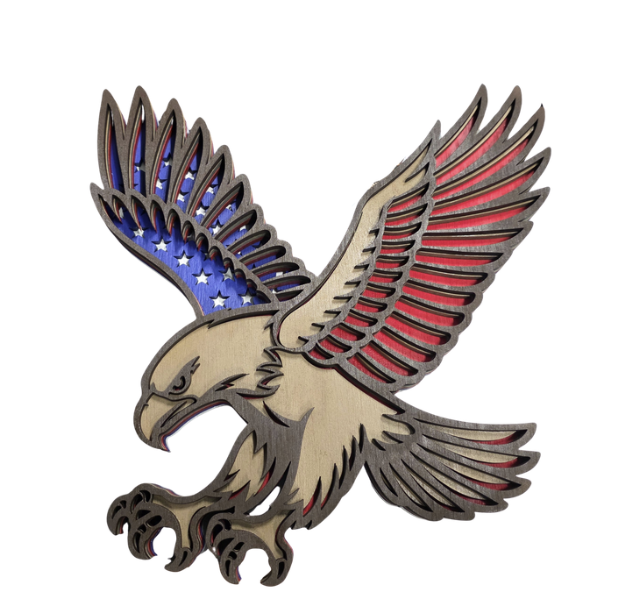Eagle - Wooden 12"Hx11"W Red, White and Blue with Center metal wall hanging bracket